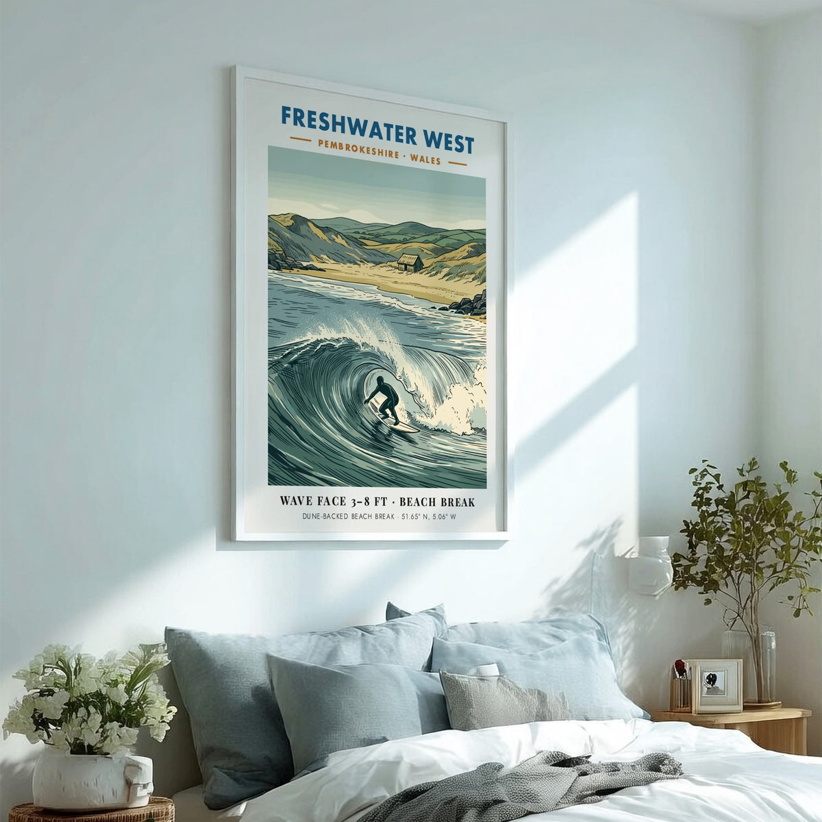 Surf poster showing a surfer riding a wave at Freshwater West in Pembrokeshire Wales.