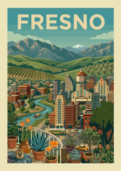 Retro illustration of Fresno cityscape with mountains, river, and vineyards in a warm color palette.
