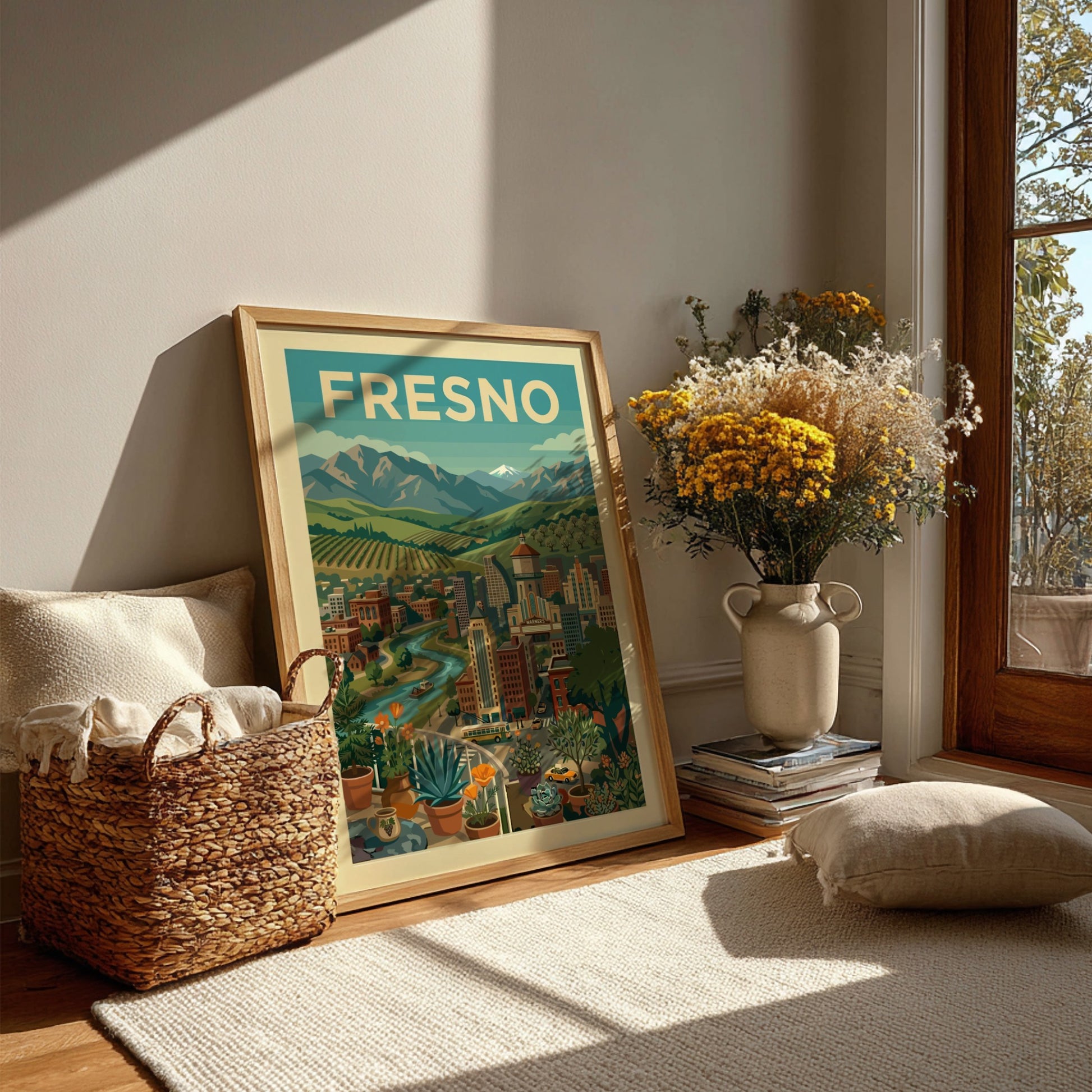Retro illustration of Fresno cityscape with mountains, river, and vineyards in a warm color palette.