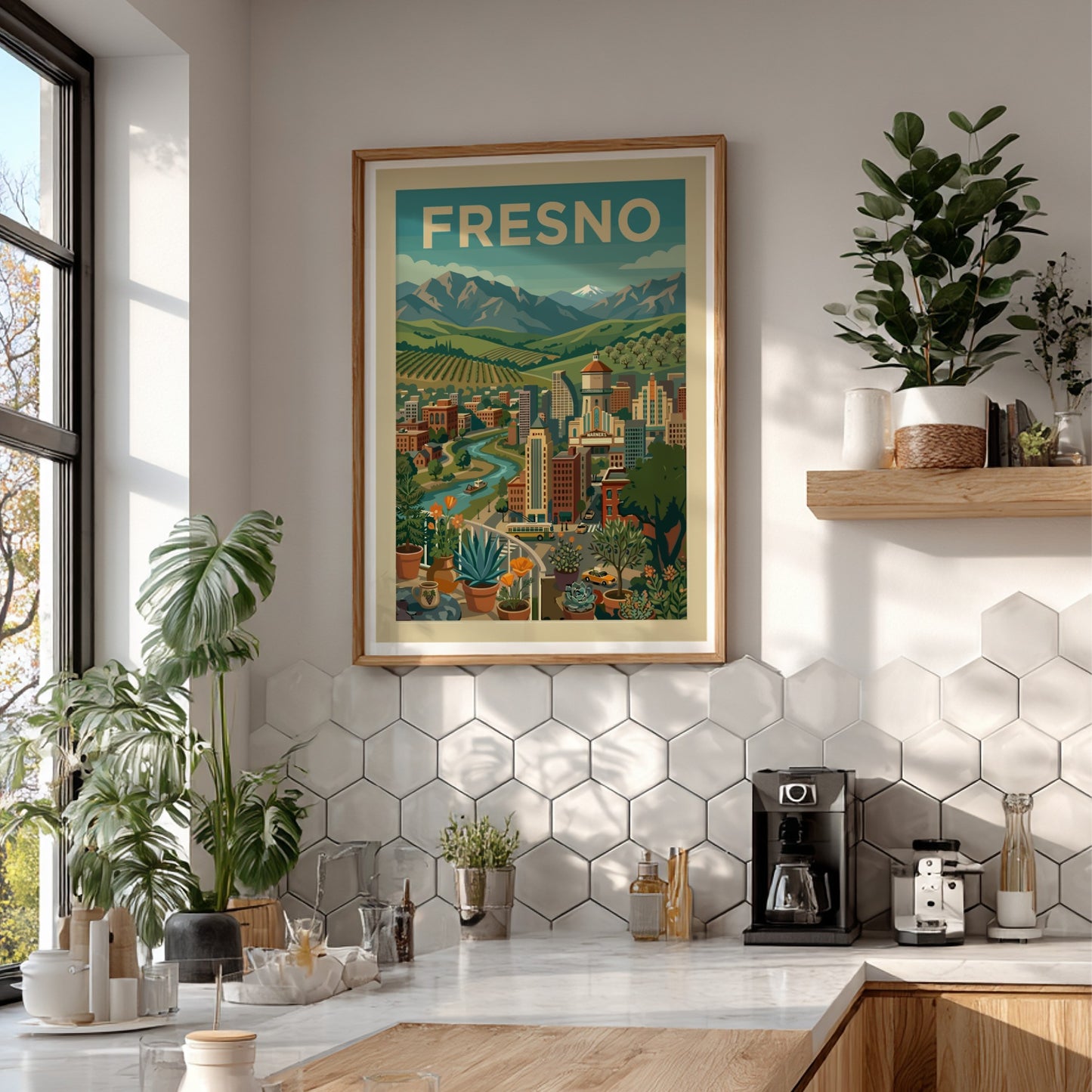 Retro illustration of Fresno cityscape with mountains, river, and vineyards in a warm color palette.