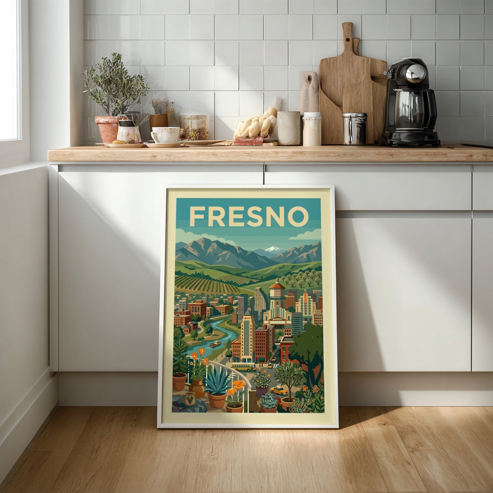 Retro illustration of Fresno cityscape with mountains, river, and vineyards in a warm color palette.