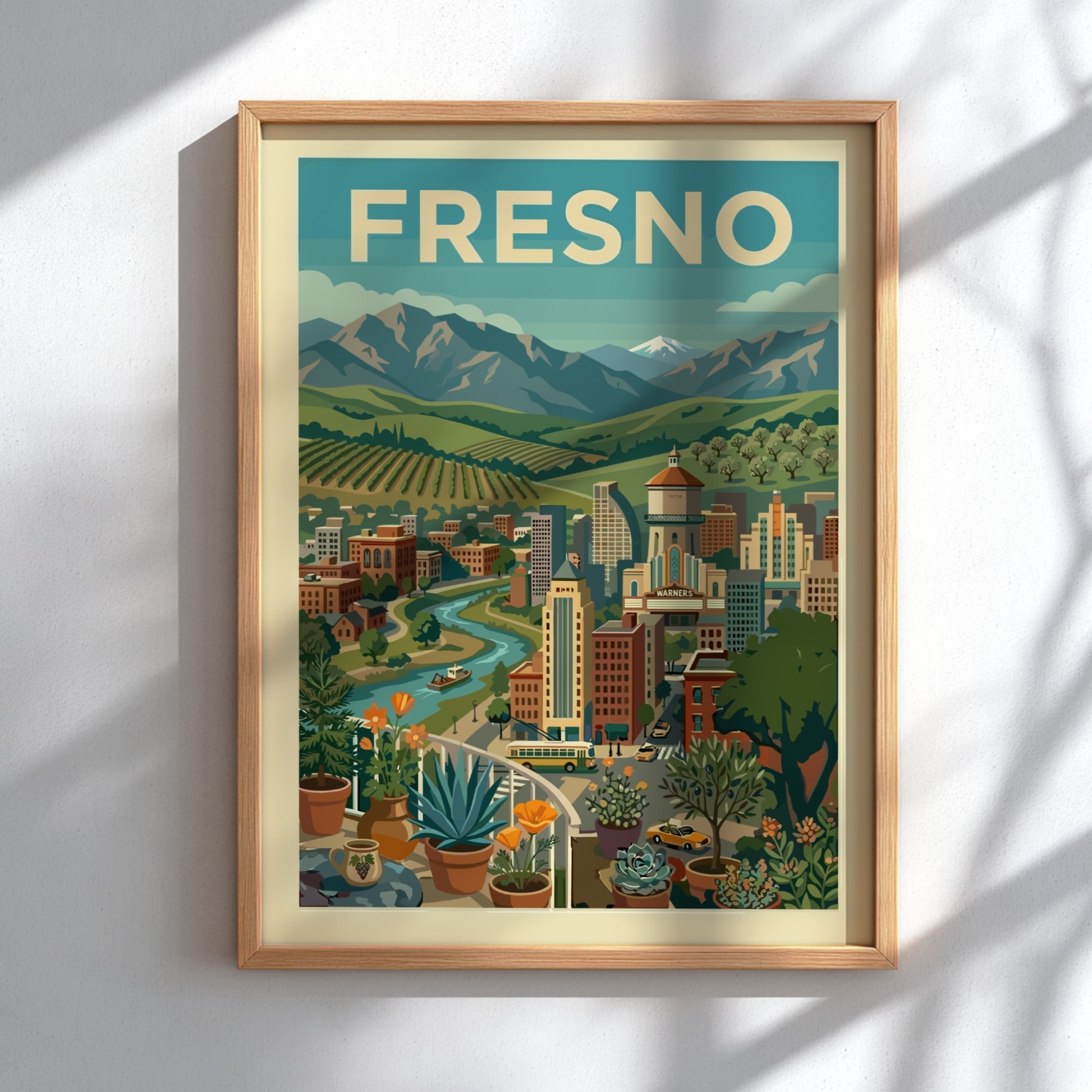 Retro illustration of Fresno cityscape with mountains, river, and vineyards in a warm color palette.