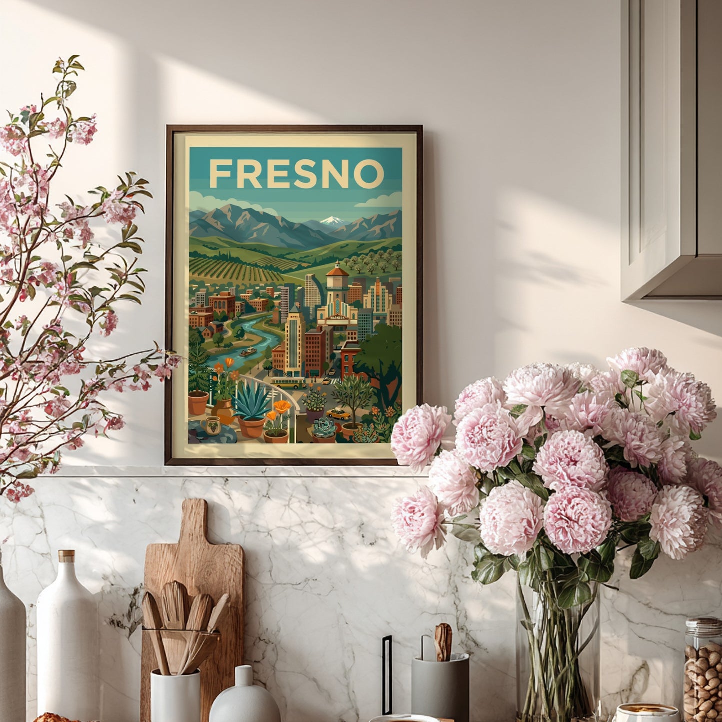 Retro illustration of Fresno cityscape with mountains, river, and vineyards in a warm color palette.