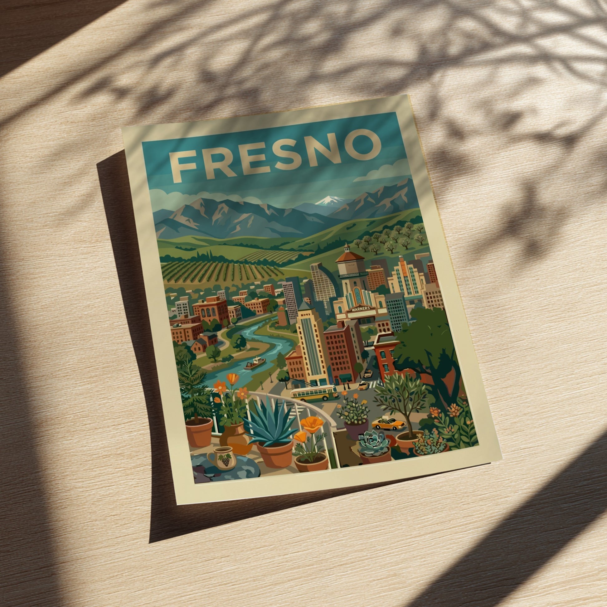 Retro illustration of Fresno cityscape with mountains, river, and vineyards in a warm color palette.