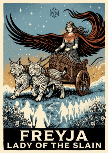 Poster of Freyja, Lady of the Slain, riding a lynx chariot in blue tones.