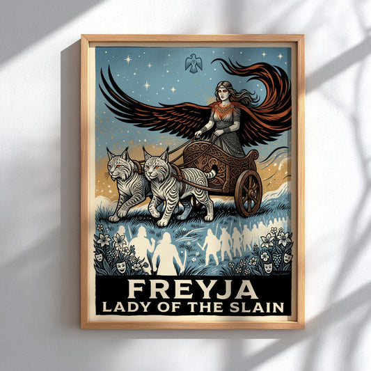 Poster of Freyja, Lady of the Slain, riding a lynx chariot in blue tones.