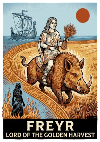 Poster featuring Freyr riding a boar through a golden wheat field with a longship.