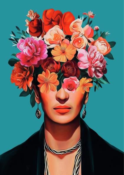 Frida Kahlo Inspired Poster The Inner Garden. Surreal botanical wall art, Mexican inspired decor & artistic portrait print for home.
