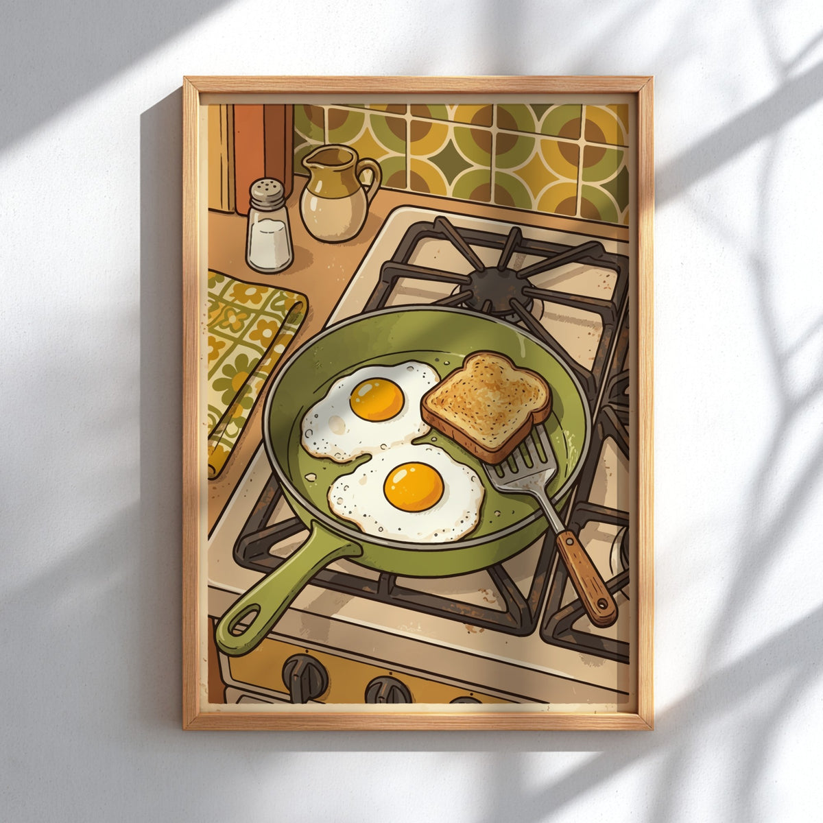 Poster featuring two fried eggs and toast in a green pan on a stove