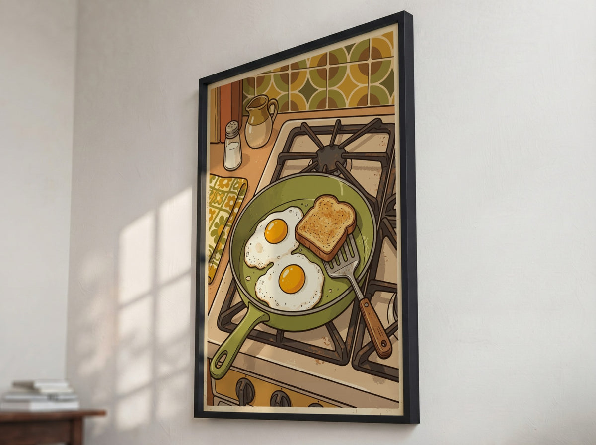 Poster featuring two fried eggs and toast in a green pan on a stove
