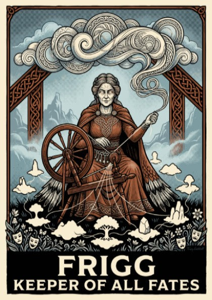 Poster of Frigg, the Norse goddess, spinning fate with intricate knotwork and clouds.