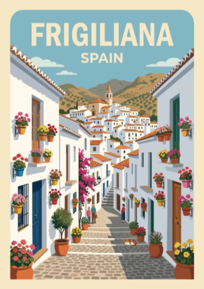 Poster of Frigiliana Spain showing whitewashed village houses, stone streets, and colorful potted flowers.