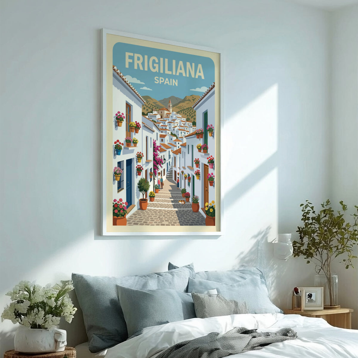 Poster of Frigiliana Spain showing whitewashed village houses, stone streets, and colorful potted flowers.