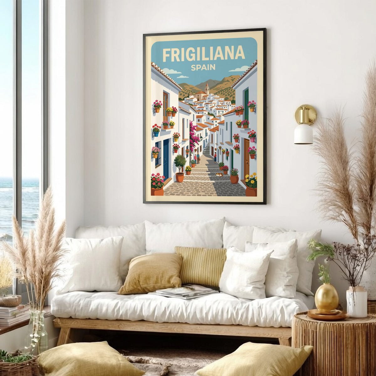 Poster of Frigiliana Spain showing whitewashed village houses, stone streets, and colorful potted flowers.