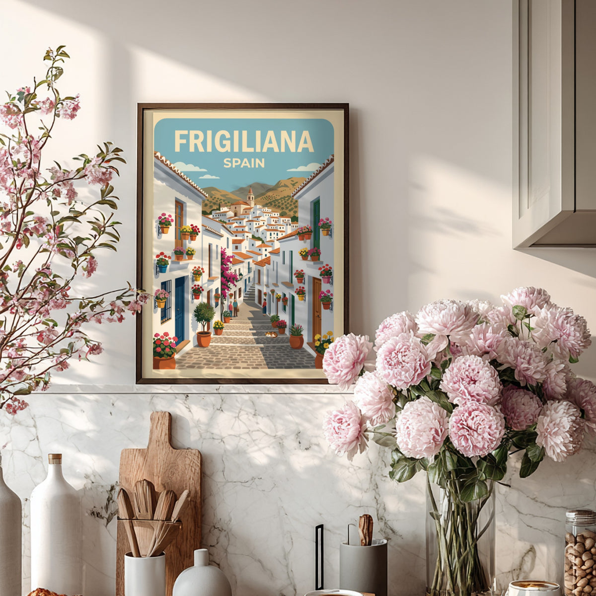 Poster of Frigiliana Spain showing whitewashed village houses, stone streets, and colorful potted flowers.