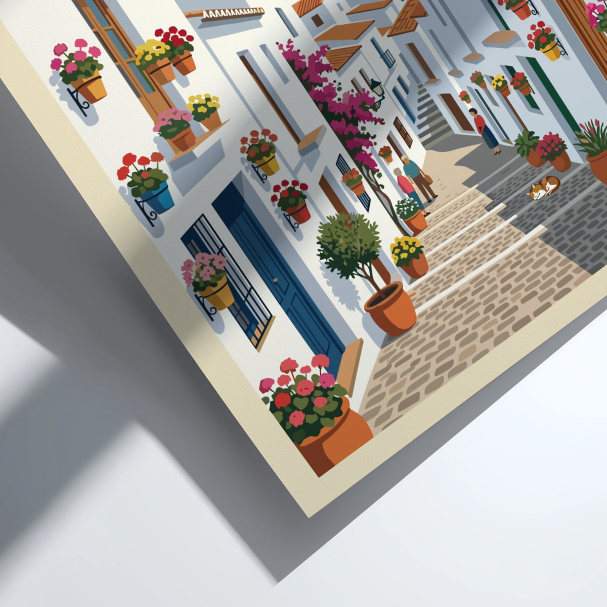 Poster of Frigiliana Spain showing whitewashed village houses, stone streets, and colorful potted flowers.