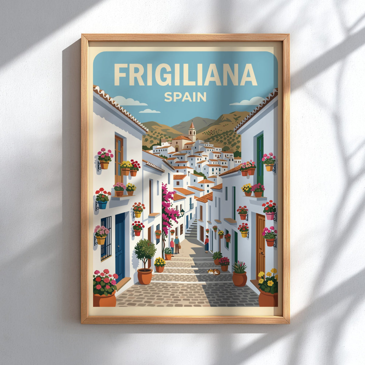 Poster of Frigiliana Spain showing whitewashed village houses, stone streets, and colorful potted flowers.