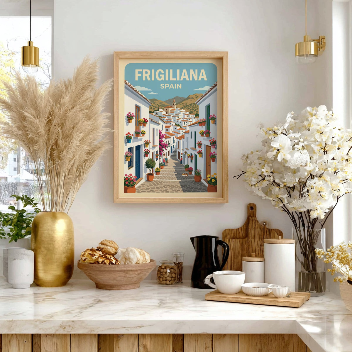 Poster of Frigiliana Spain showing whitewashed village houses, stone streets, and colorful potted flowers.