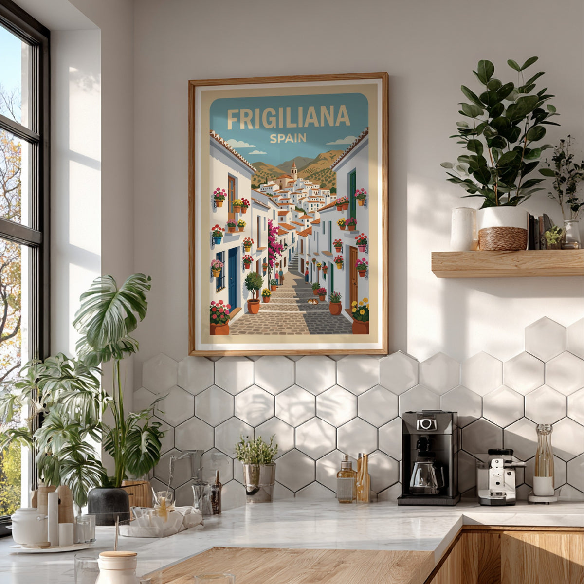 Poster of Frigiliana Spain showing whitewashed village houses, stone streets, and colorful potted flowers.