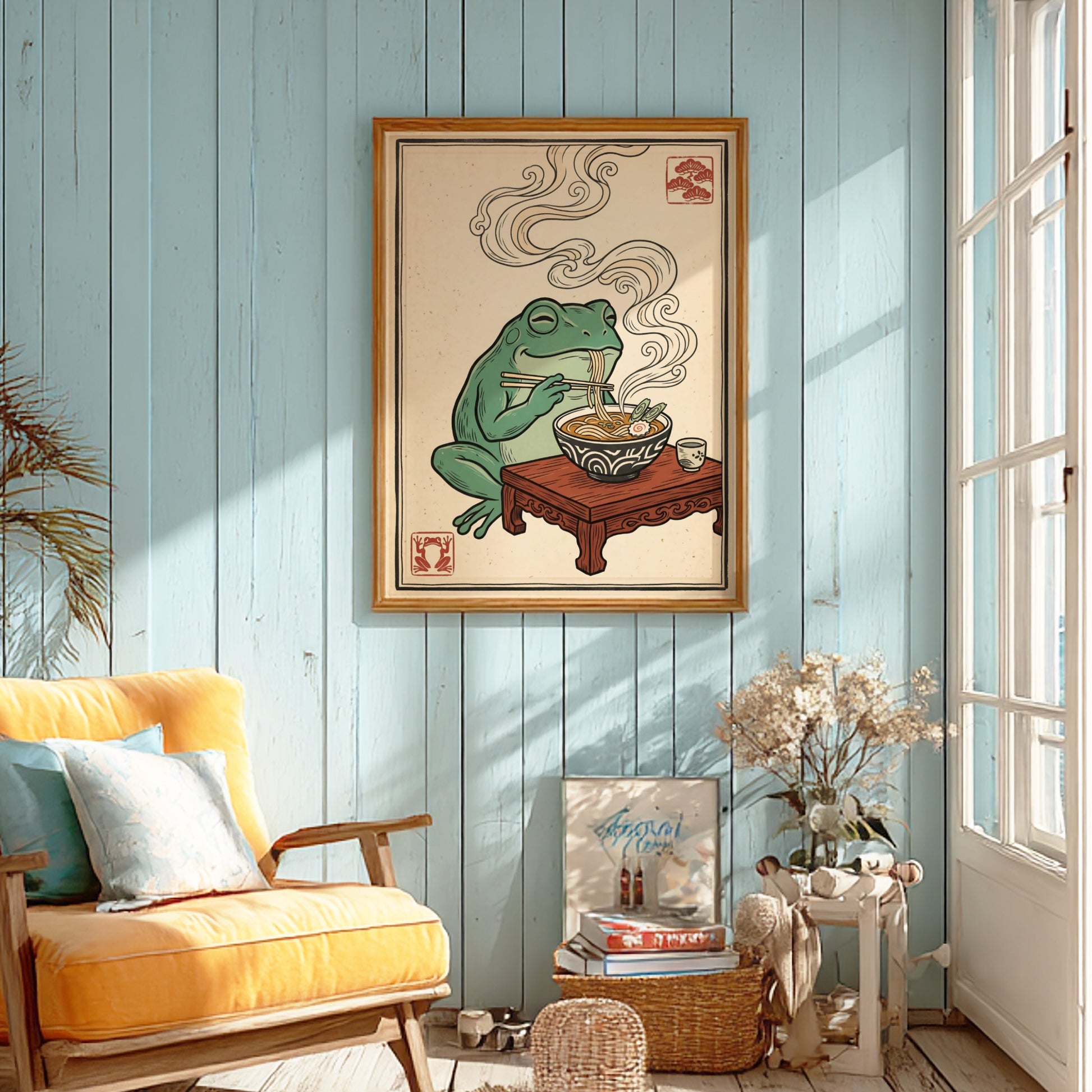 Japanese art style poster featuring a frog eating ramen with steam rising, colorful and whimsical design