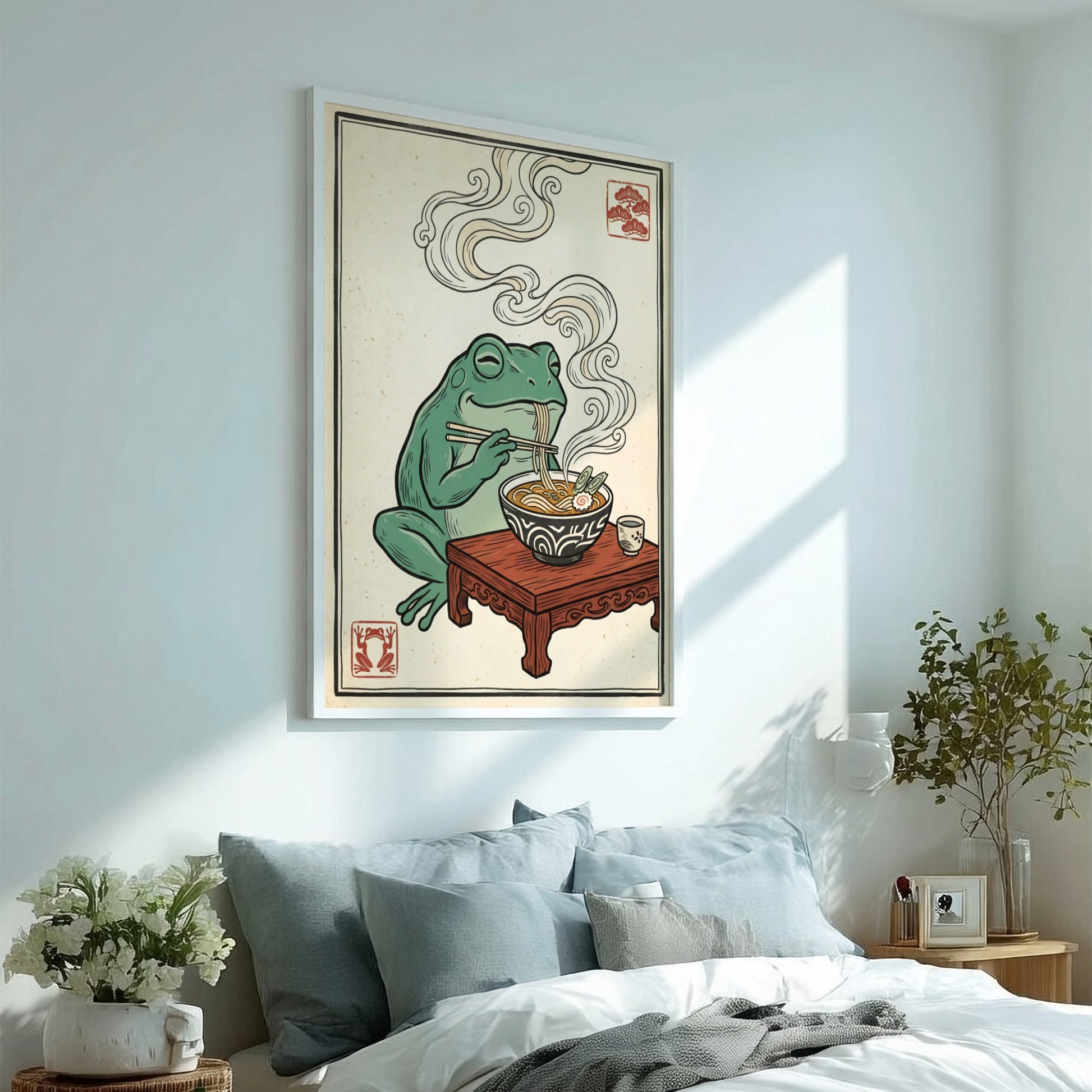 Japanese art style poster featuring a frog eating ramen with steam rising, colorful and whimsical design