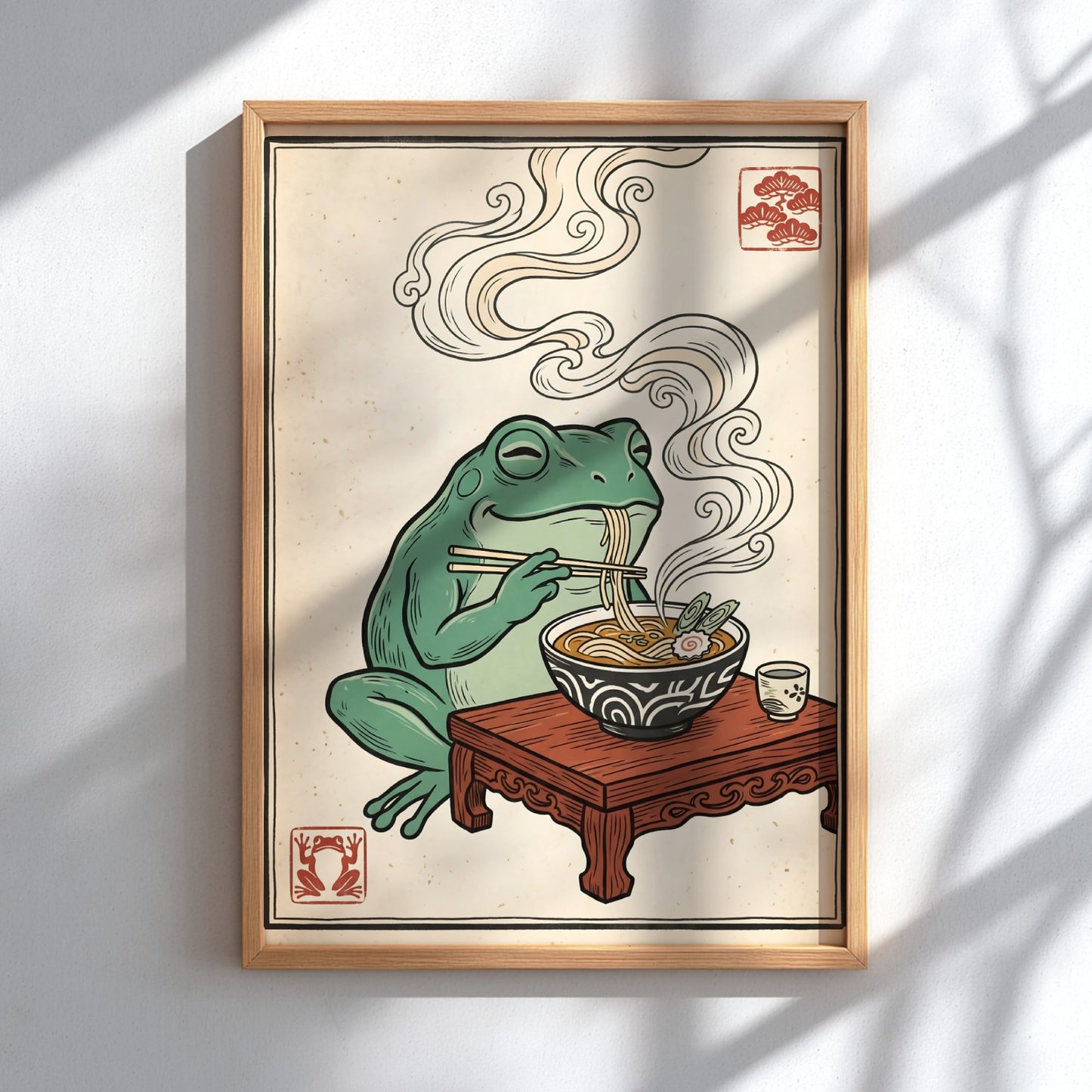 Japanese art style poster featuring a frog eating ramen with steam rising, colorful and whimsical design