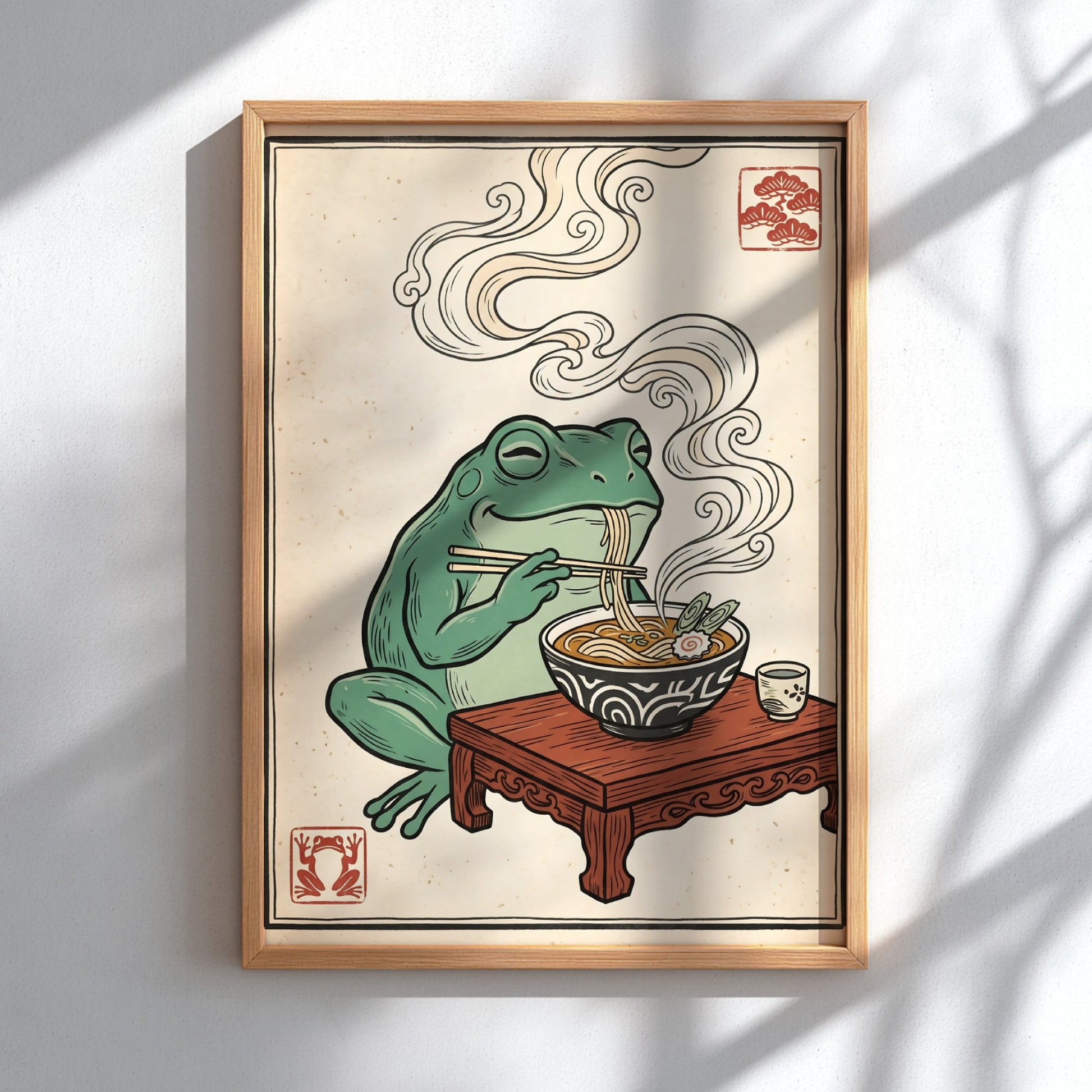 Japanese art style poster featuring a frog eating ramen with steam rising, colorful and whimsical design