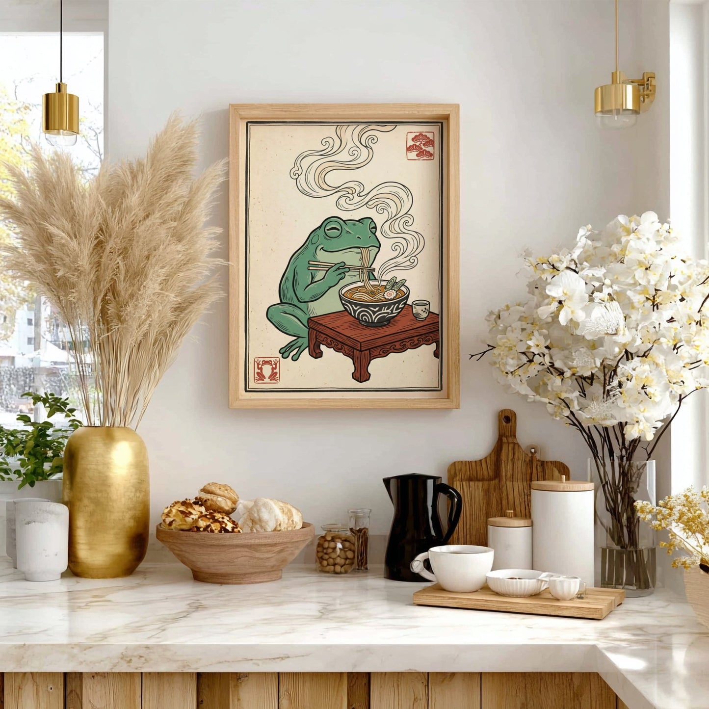 Japanese art style poster featuring a frog eating ramen with steam rising, colorful and whimsical design