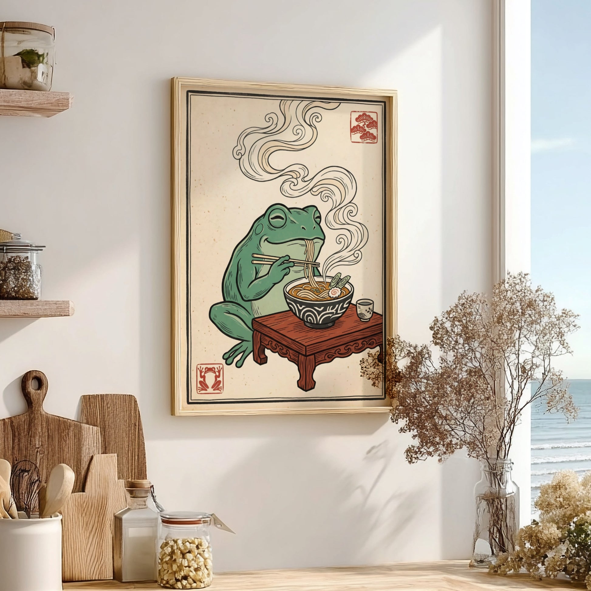 Japanese art style poster featuring a frog eating ramen with steam rising, colorful and whimsical design