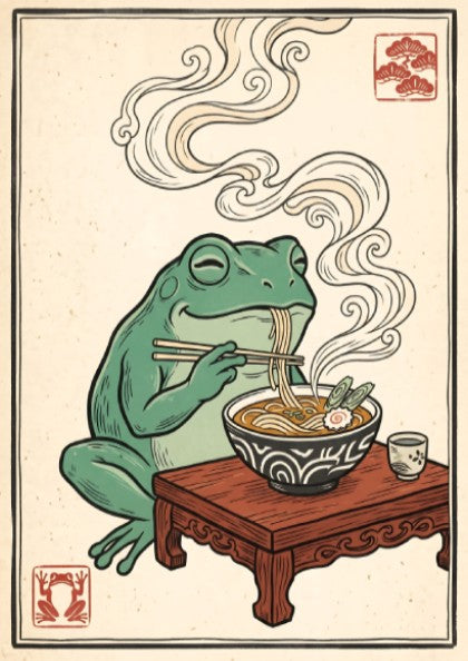 Japanese art style poster featuring a frog eating ramen with steam rising, colorful and whimsical design