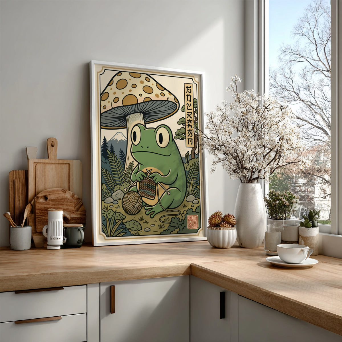 Poster featuring a green frog knitting under a large mushroom in Japanese style.