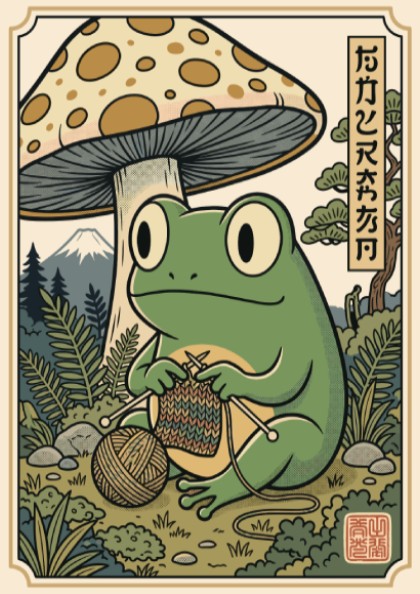 Poster featuring a green frog knitting under a large mushroom in Japanese style.