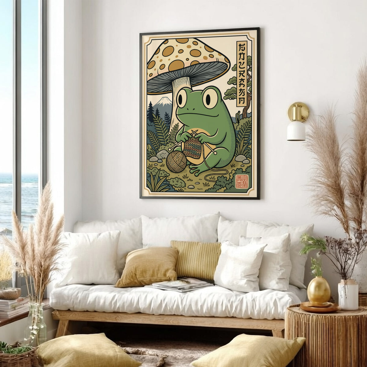 Poster featuring a green frog knitting under a large mushroom in Japanese style.
