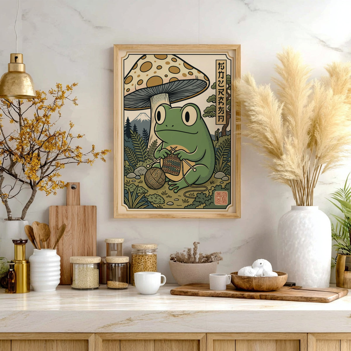 Poster featuring a green frog knitting under a large mushroom in Japanese style.