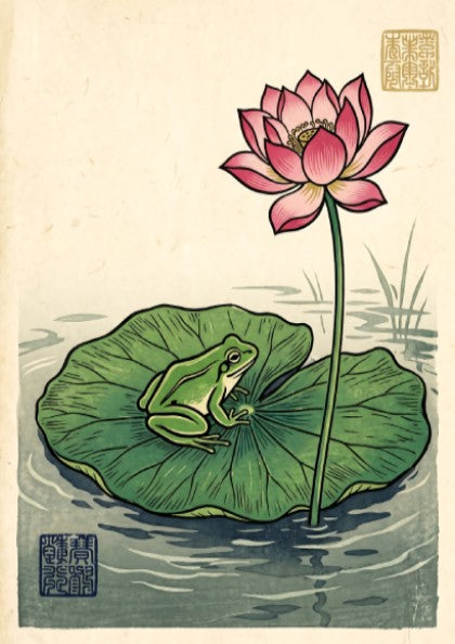 Frog Lotus Pink Poster showcasing a vibrant lotus flower and a frog in Japanese art style