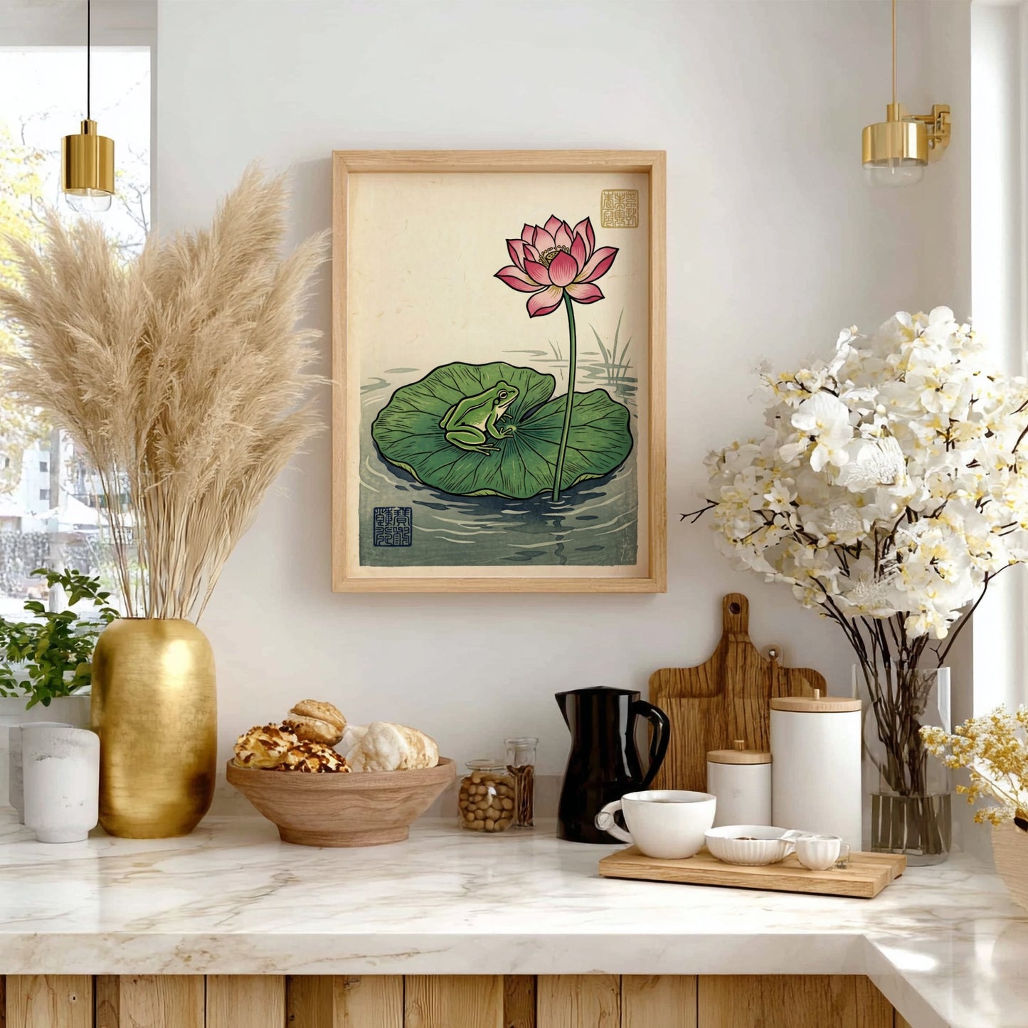 Frog Lotus Pink Poster showcasing a vibrant lotus flower and a frog in Japanese art style