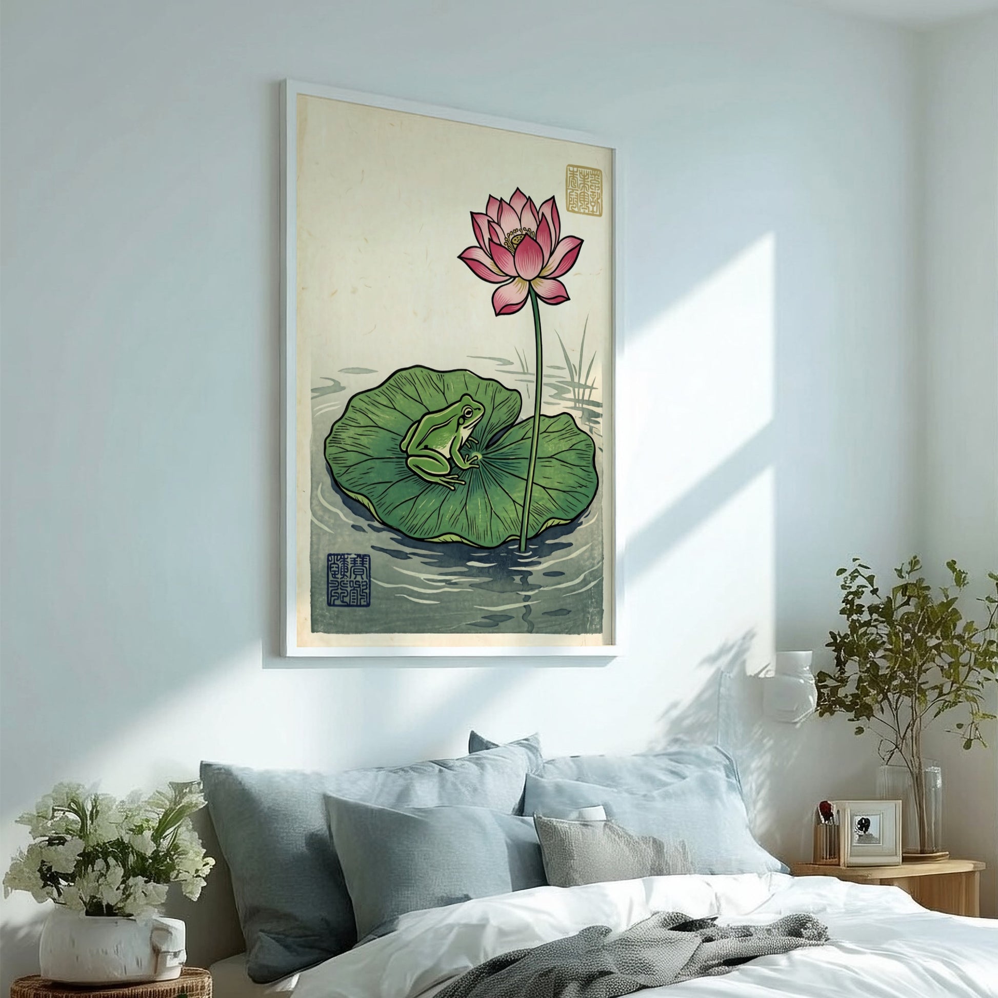 Frog Lotus Pink Poster showcasing a vibrant lotus flower and a frog in Japanese art style