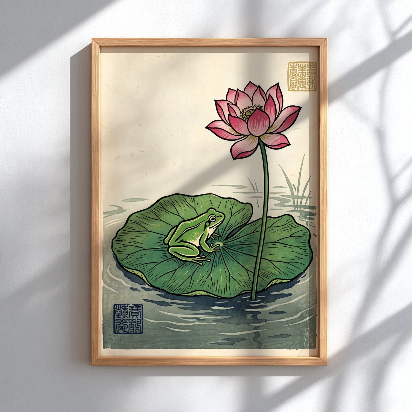 Frog Lotus Pink Poster showcasing a vibrant lotus flower and a frog in Japanese art style