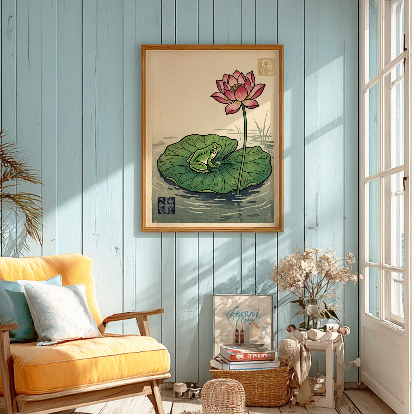 Frog Lotus Pink Poster showcasing a vibrant lotus flower and a frog in Japanese art style