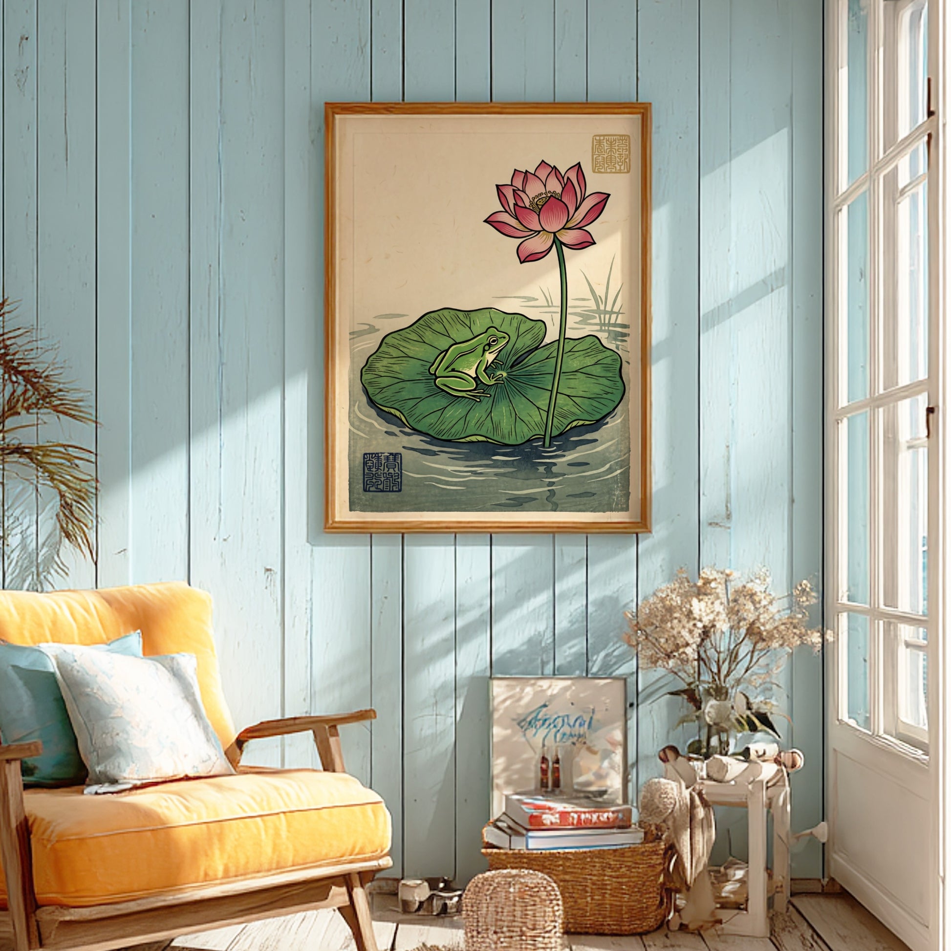 Frog Lotus Pink Poster showcasing a vibrant lotus flower and a frog in Japanese art style