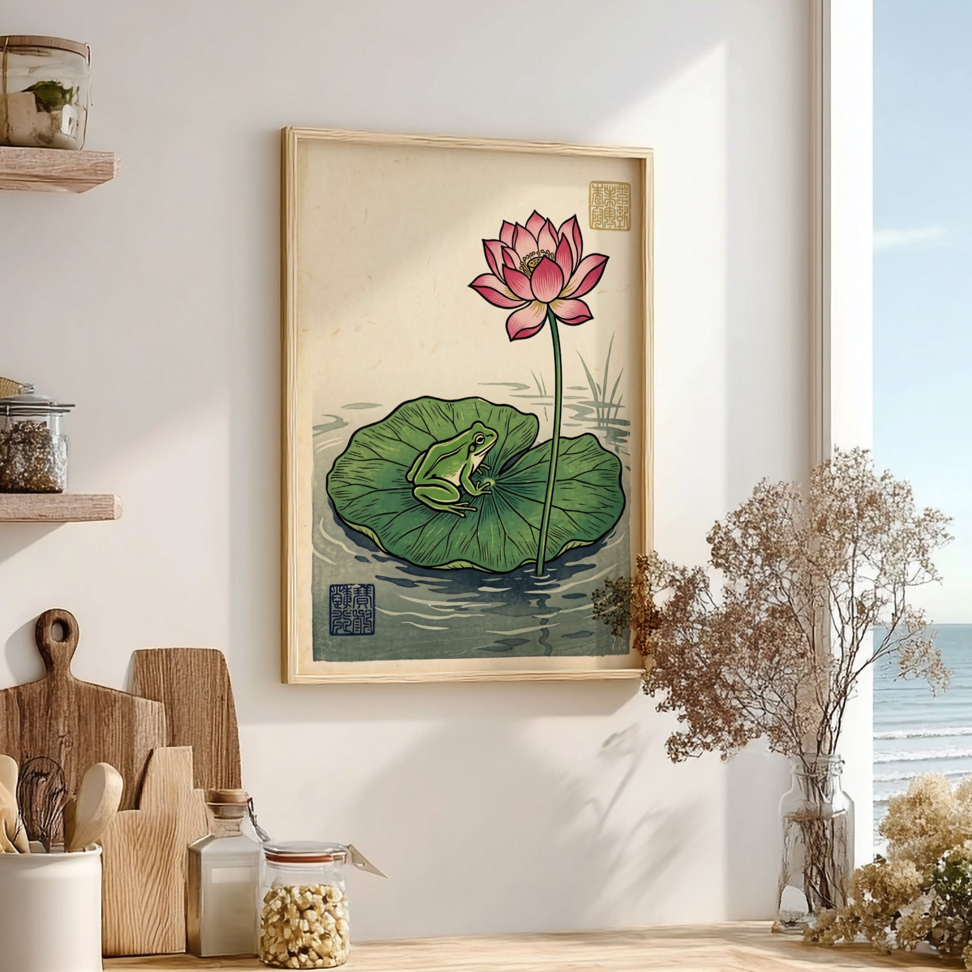 Frog Lotus Pink Poster showcasing a vibrant lotus flower and a frog in Japanese art style