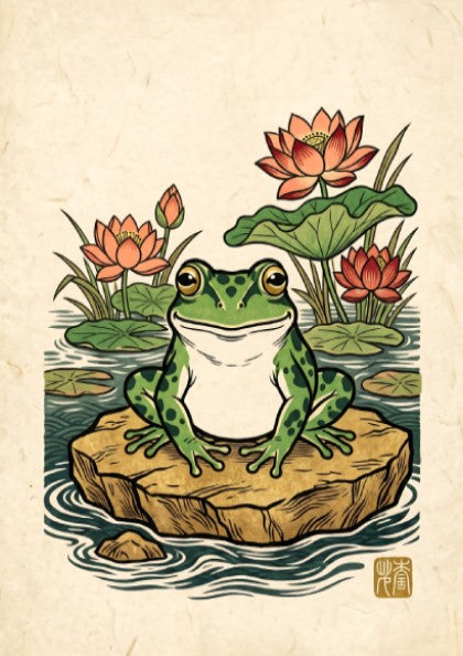Japanese art style poster featuring a green frog and lotus flowers in a pond