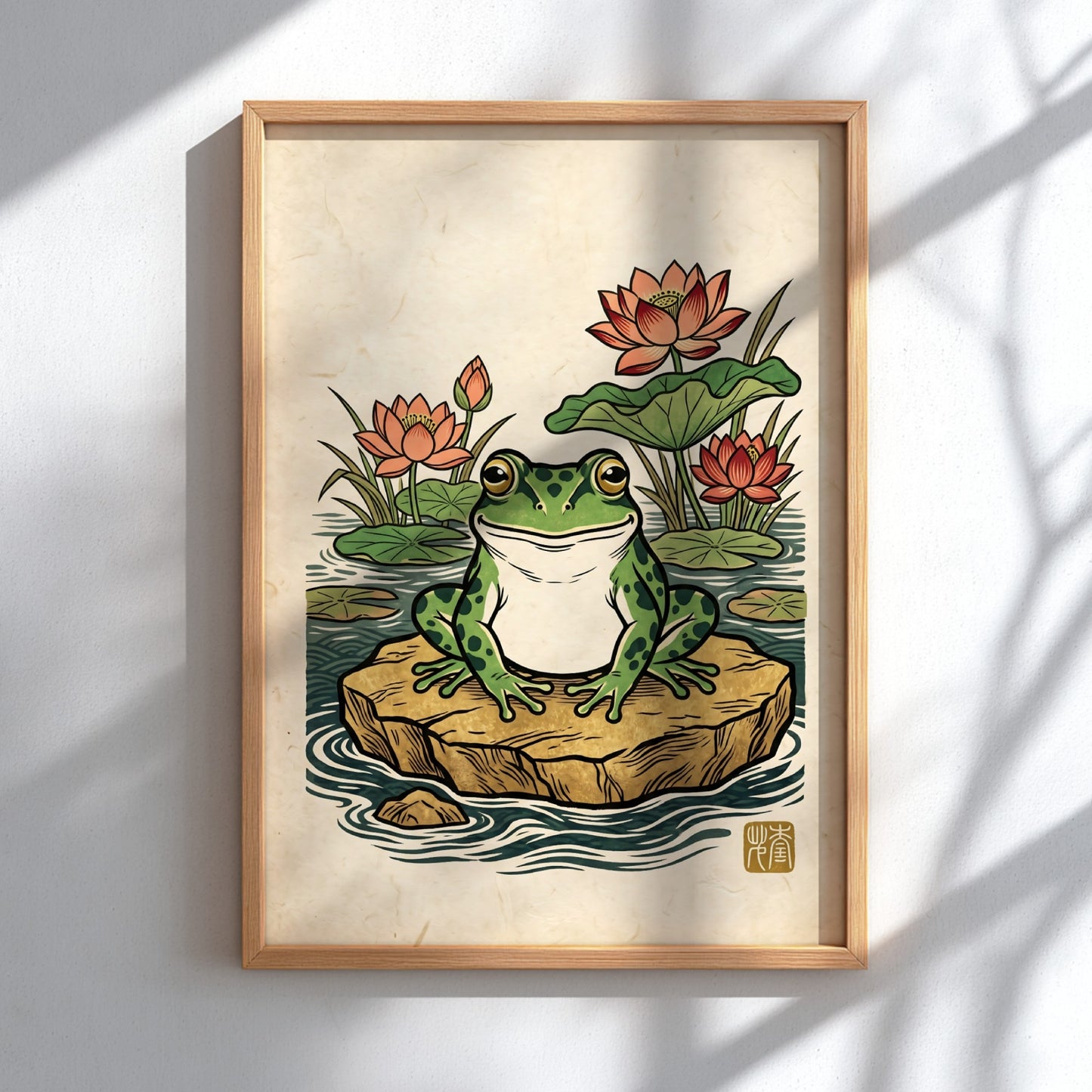 Japanese art style poster featuring a green frog and lotus flowers in a pond