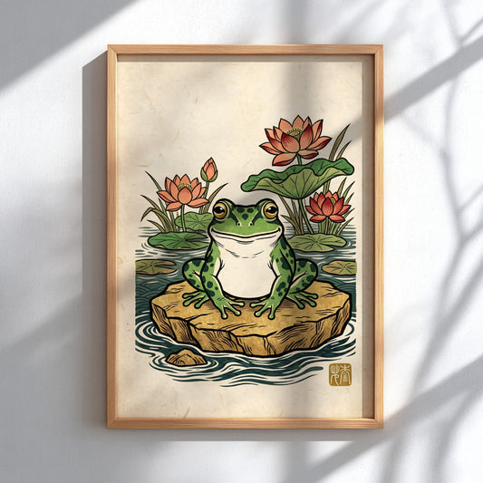 Japanese art style poster featuring a green frog and lotus flowers in a pond