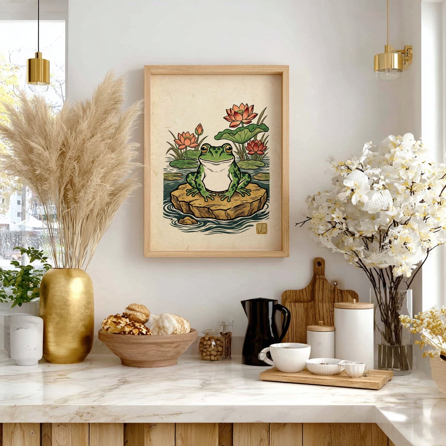 Japanese art style poster featuring a green frog and lotus flowers in a pond