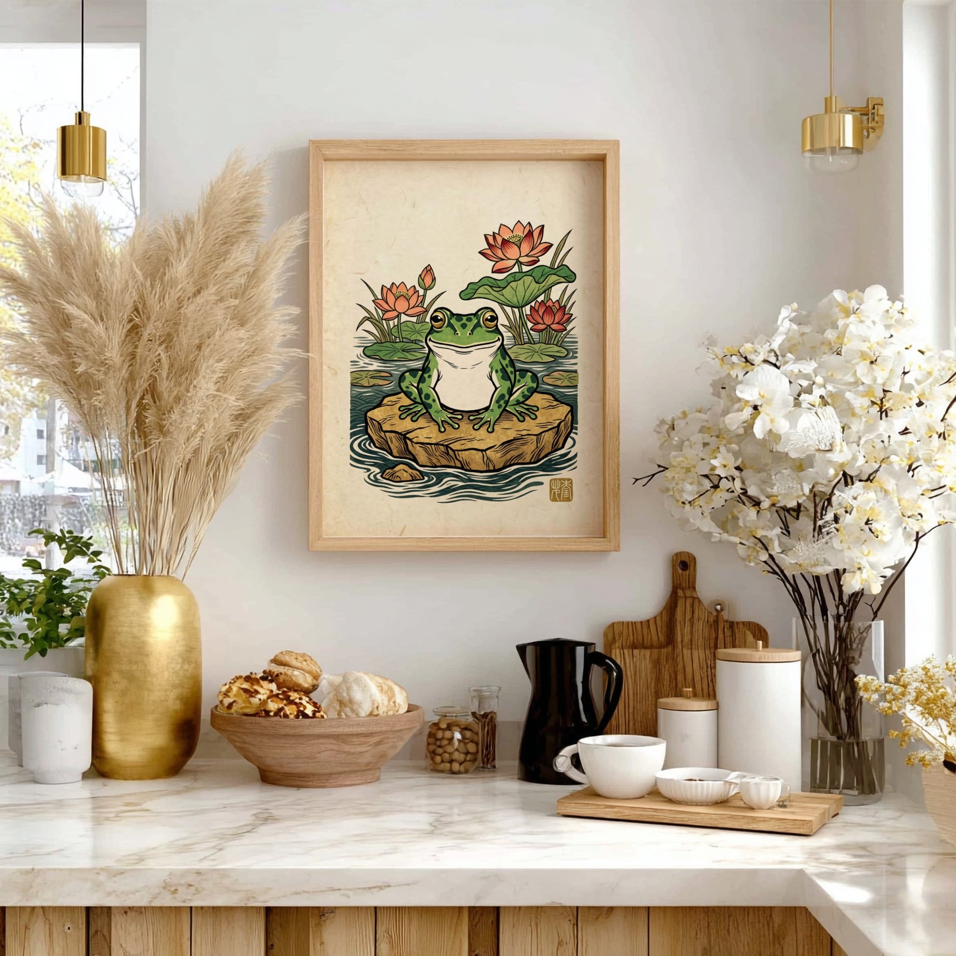 Japanese art style poster featuring a green frog and lotus flowers in a pond