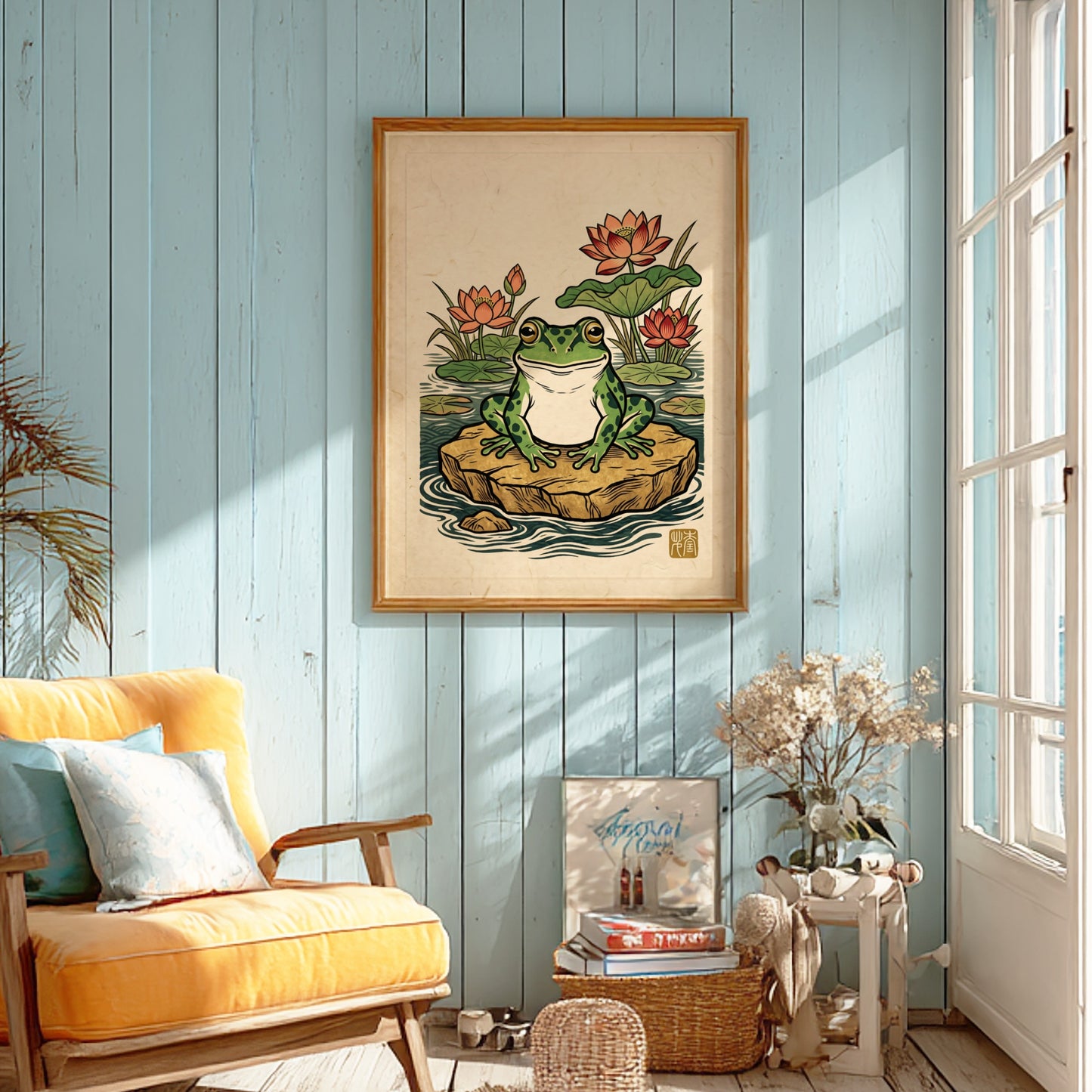 Japanese art style poster featuring a green frog and lotus flowers in a pond