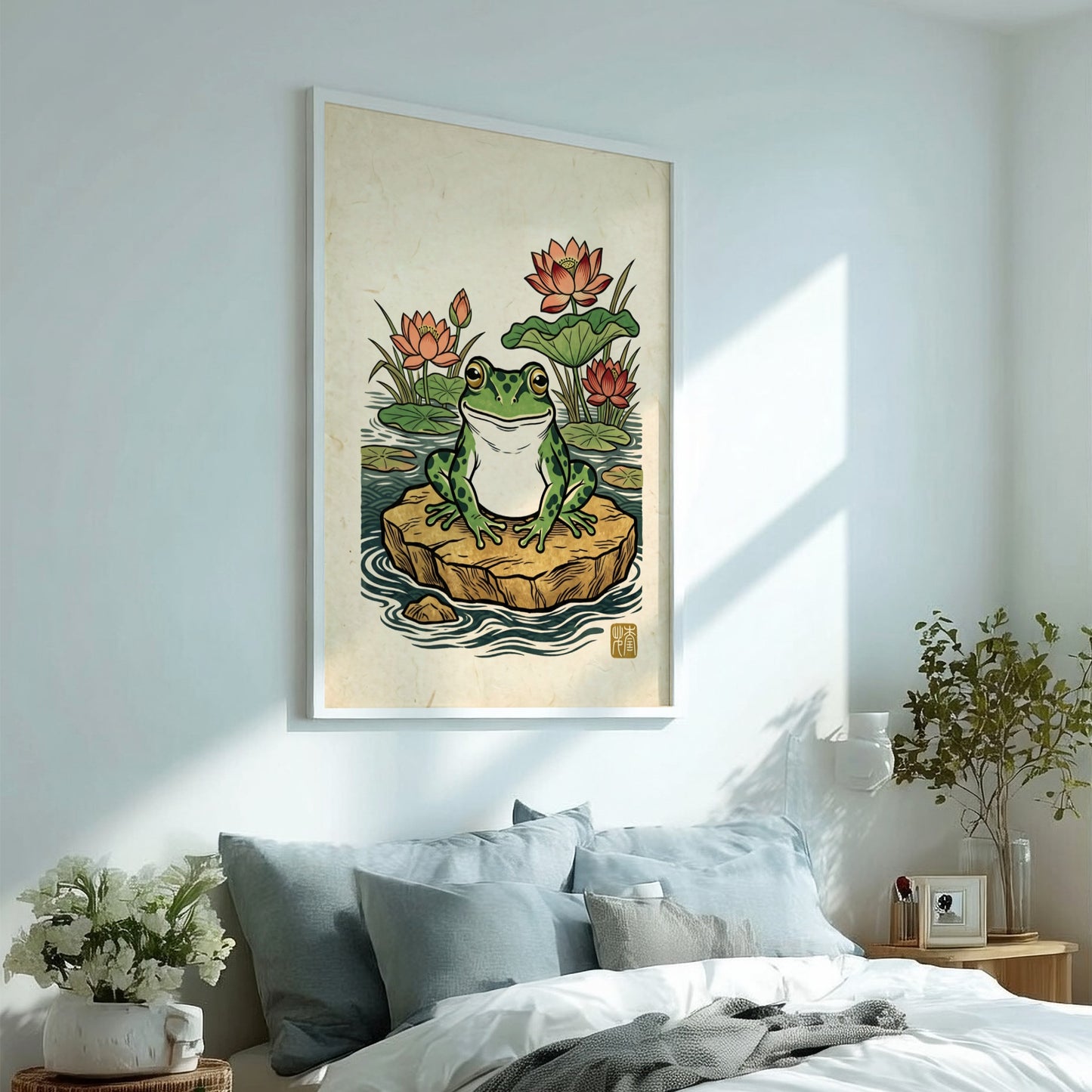 Japanese art style poster featuring a green frog and lotus flowers in a pond