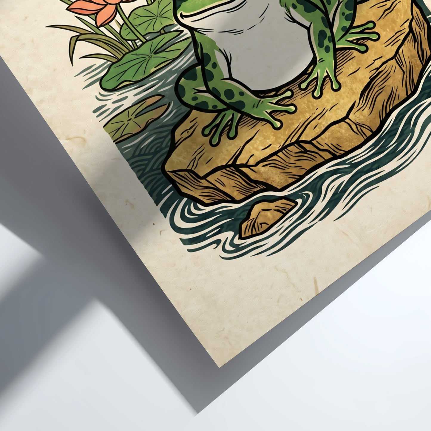 Japanese art style poster featuring a green frog and lotus flowers in a pond