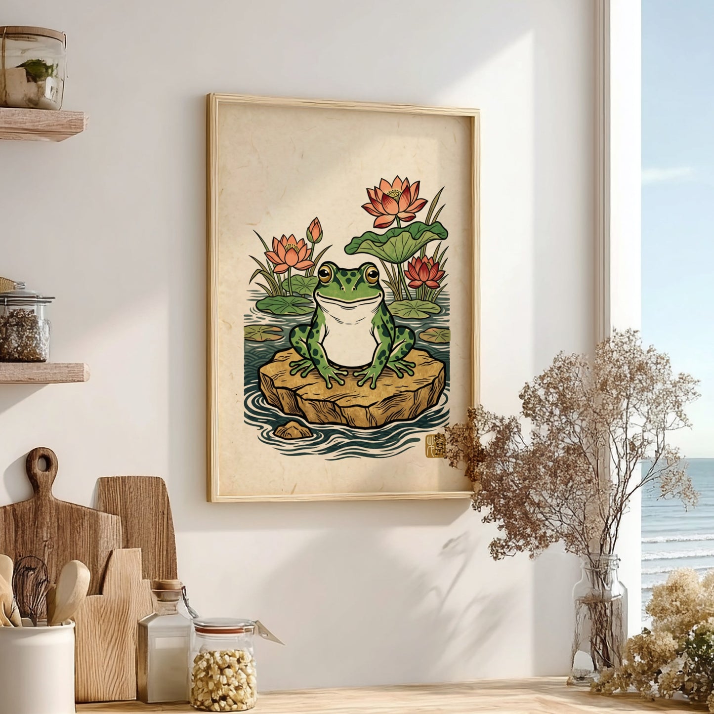Japanese art style poster featuring a green frog and lotus flowers in a pond
